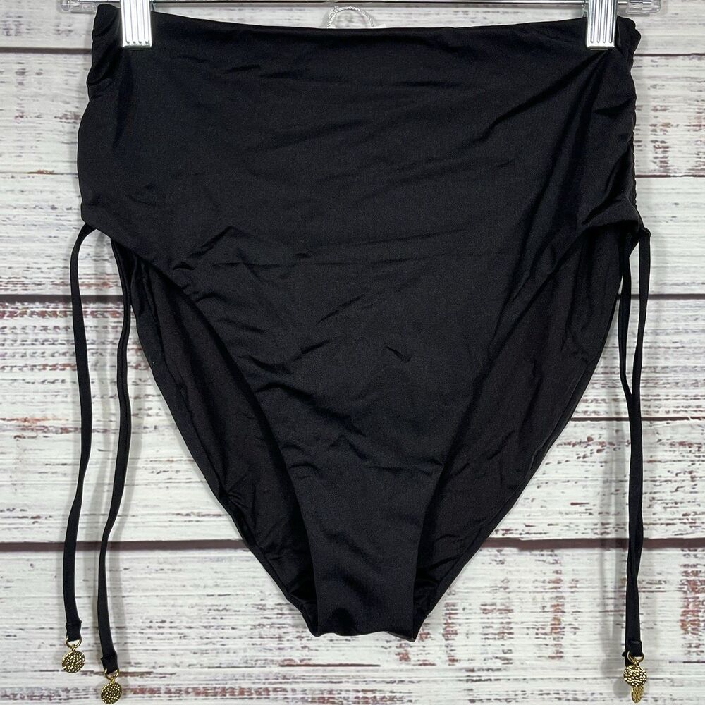 Trina Turk Swim Bottom Shirred Hi-waist Bikini Size 10 Black MSRP $94